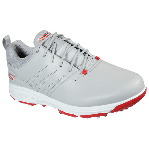 A grey athletic shoe is displayed with red accents designed for sports activities featuring a smooth finish and a lace-up front in a neutral background showcasing the shoe's design.