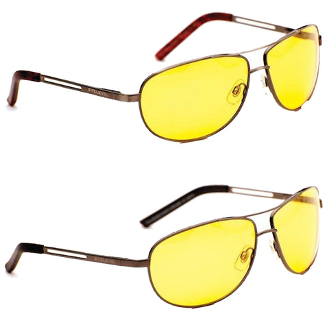 A pair of yellow-tinted sunglasses is displayed prominently with one pair on top of the other showcasing a sleek, metallic frame suitable for outdoor wear or driving.