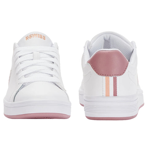 White athletic sneakers with a smooth surface and pink accents feature laces in the front and subtle striped detailing on the heel. They are designed for casual or sport-related use.