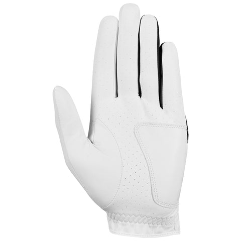 A white golf glove lies flat showing its palm with ventilation holes and black accent on the back highlighting its design meant for improved grip while playing golf.