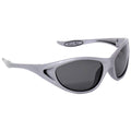 Sunglasses with a sleek gray design sit on a flat surface featuring dark lenses and sporty contours ideal for outdoor activities or sunny environments.