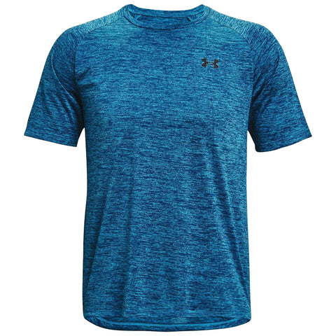 A blue short-sleeve athletic shirt is displayed frontally showcasing a textured fabric and a black logo on the upper left. It is intended for sports or casual wear.