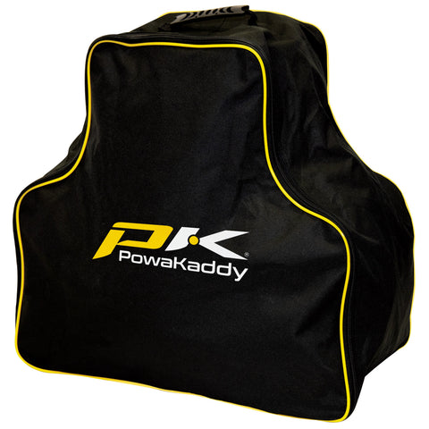 A black golf bag with yellow piping features a logo displaying "PK PowaKaddy" prominently on the front set against a neutral background suggesting it is designed for carrying golf equipment.