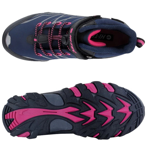 A pair of dark blue hiking shoes with pink accents sits upright showing the laces and sole The shoes feature a rugged design suitable for outdoor activities