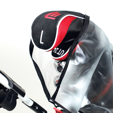 A golf club headcover is placed over a golf club with a visible zipper in a transparent protective sleeve showcasing golf balls underneath in a minimalistic setting.