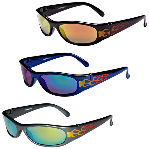 Eyelevel Kids Dragonfly Sunglasses Three pairs of sunglasses are displayed in a stack showing varying colors and designs with mirrored lenses featuring flame motifs on the arms in a neutral background.