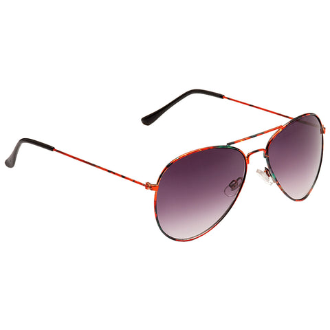 A pair of sunglasses with a colorful frame rests on a surface with dark to light gradient lenses showcasing an aviator style design in a clean context.