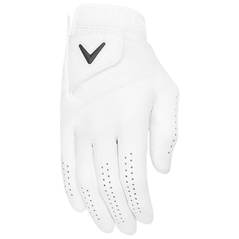 A white golf glove is displayed with fingers extended and perforations for breathability, designed for grip and comfort during play, set against a plain background.