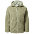 A fluffy green zip-up jacket with a hood is displayed upright against a plain background showcasing its textured exterior and cozy design intended for warmth and comfort in cooler weather.