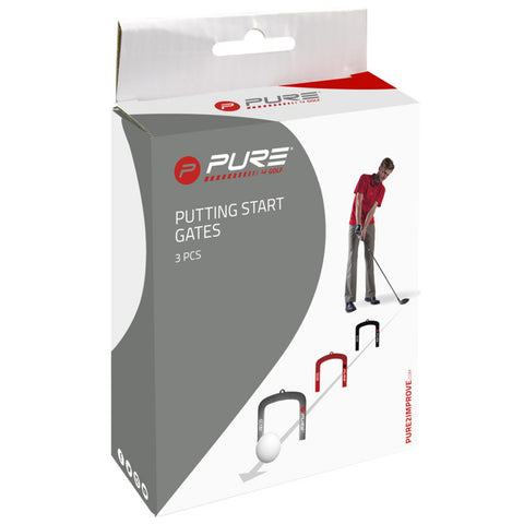 A packaging box contains three putting start gates for golf practice. A golfer is shown preparing to putt a ball through the gates, demonstrating their use in improving putting skills.