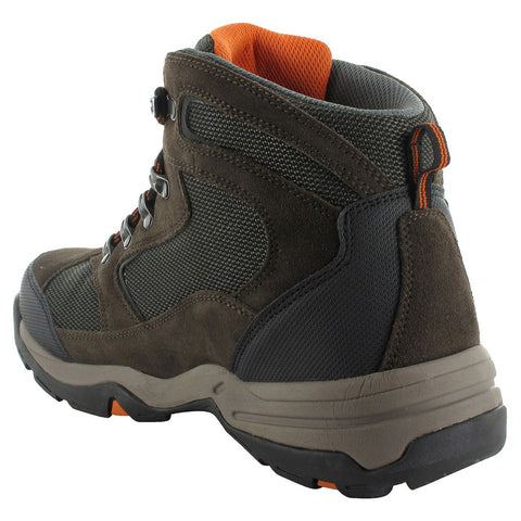 A hiking boot features a sturdy design with a mix of brown suede and breathable gray mesh. It is partially turned to showcase its padded ankle collar and textured sole.