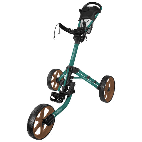 A golf push cart stands upright with three wheels. Its handle features a mesh cup holder while the sturdy frame supports the wheels designed for smooth outdoor movement.