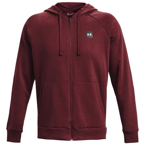 A maroon zip-up hoodie stands upright with a hood and front pockets showcasing a logo on the left chest area suitable for casual or athletic wear.