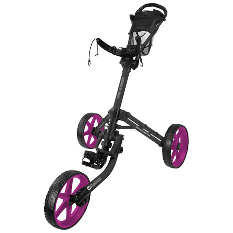 A golf push cart is positioned upright with large purple wheels. It features a sturdy frame, a handle for pushing, and an upper compartment for holding golf gear, set against a plain background.