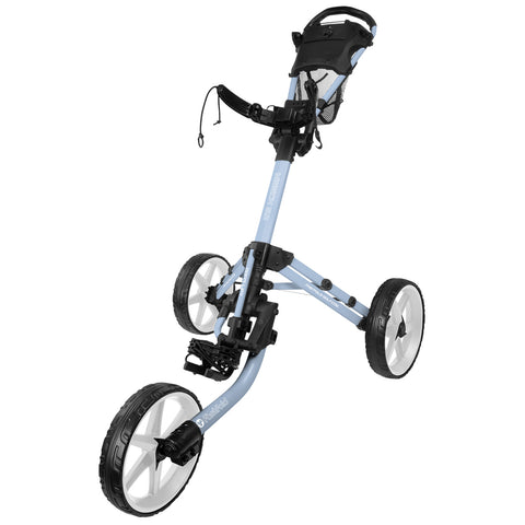 A golf cart with three wheels is positioned upright showcasing its blue frame and black accents designed for easy maneuverability on a golf course setting.