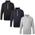 Three long-sleeved pullovers are displayed in black dark navy and light gray with quarter zip fronts and a small logo on the collar showcasing a casual yet functional clothing design.