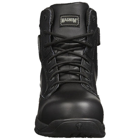 A black tactical boot stands upright showcasing its sturdy leather and reinforced toe the laces are tied tightly while a brand label is visible at the top.