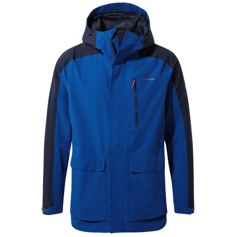 A blue outdoor jacket is prominently displayed with a hood and contrasting black sleeves featuring zippers and pockets designed for active use in cold weather environments.