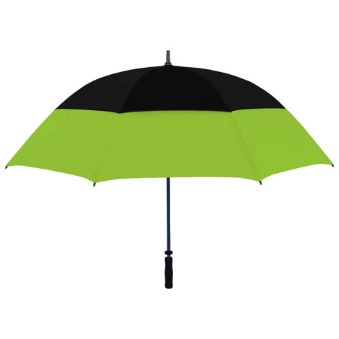 A two-tone umbrella with a vibrant green lower half and a black upper half stands upright showcasing its large canopy designed to provide shade or protection from rain.