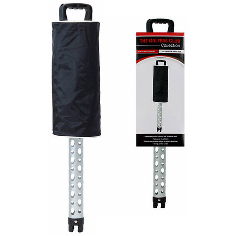 A black covered golf bag with an aluminum shaft is displayed upright showcasing its sturdy handle and perforated design intended for easy collection and transportation of golf balls in a golfing context.