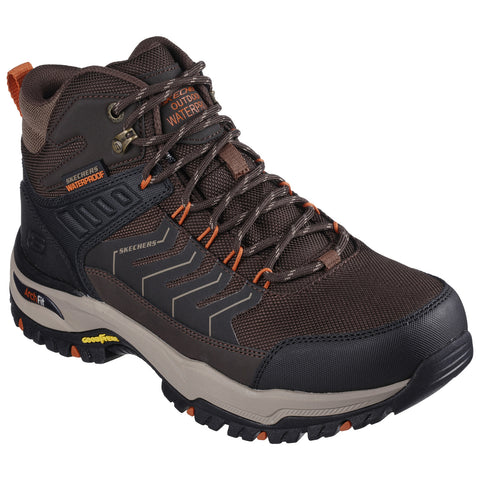 Waterproof hiking boot with a rugged design is positioned upright showcasing its laces and textured surface suitable for outdoor activities in various weather conditions.