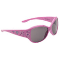 Pink sunglasses adorned with colorful heart designs rest with dark lenses offering sun protection in a playful child-friendly style suitable for outdoor activities or a sunny day.