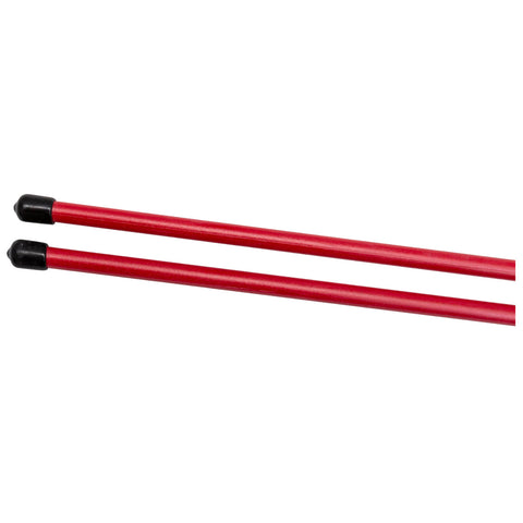 Two red chopsticks are positioned parallel to each other with black tips resting on a plain white background. They are typically used for picking up food in Asian cuisine.