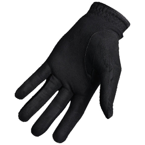 A black glove rests flat with fingers spread out showcasing a smooth texture and a snug fit around the wrist indicating its purpose for protection and grip in various tasks.