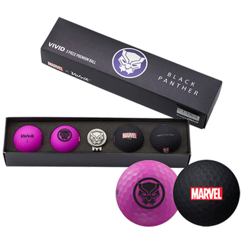 A black box labeled Black Panther contains several golf balls in various colors including pink and black featuring the Black Panther logo and Marvel branding arranged neatly inside.