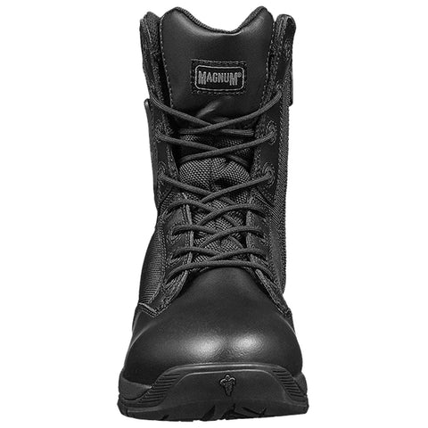 A black tactical boot stands upright displaying its smooth leather and textured fabric features with a lace-up front showcasing sturdy construction suitable for rugged environments and active use.