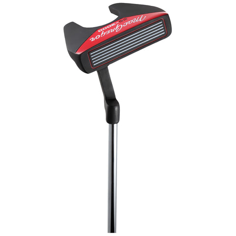 A golf putter stands upright with a sleek black and red head featuring horizontal grooves the polished shaft supports it in a neutral position against a plain background.