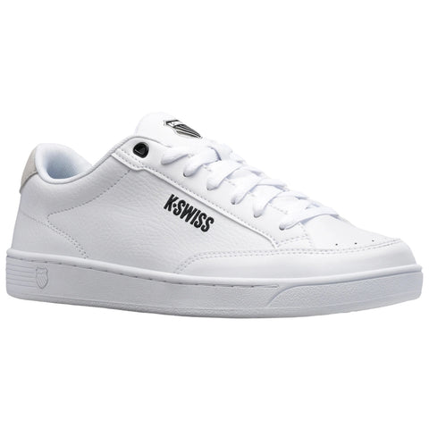 A white sneaker is displayed at an angle showcasing its leather texture laces and the K-Swiss logo on the side highlighting its sporty design suitable for casual wear.