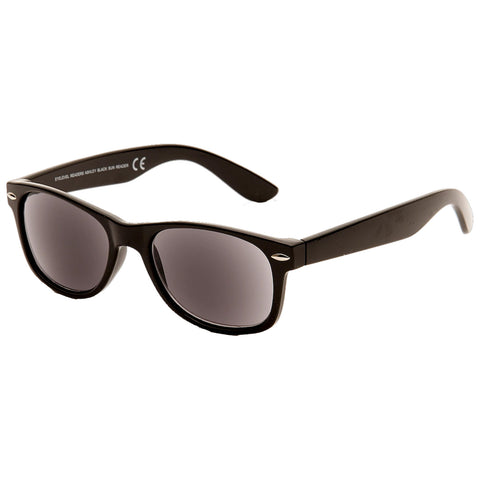 Black sunglasses designed in a classic style resting on a flat surface featuring dark lenses reflective of light ideal for outdoor wear and sun protection.