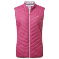 A pink sleeveless vest is displayed with a front zipper and quilted pattern. The vest is positioned against a neutral background highlighting its color and design.