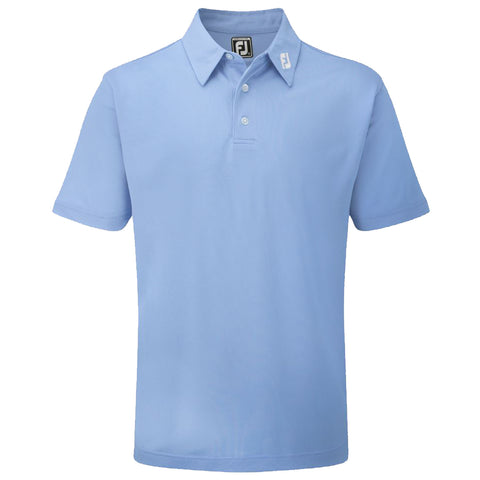 A light blue polo shirt hangs upright displaying a collar and three buttons with a small logo near the neckline suggesting it is designed for casual or athletic wear.