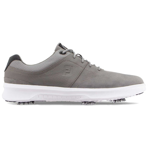 A gray golf shoe with a structured design features a white midsole and spikes on the sole for traction on grass surfaces, suitable for playing golf outdoors.