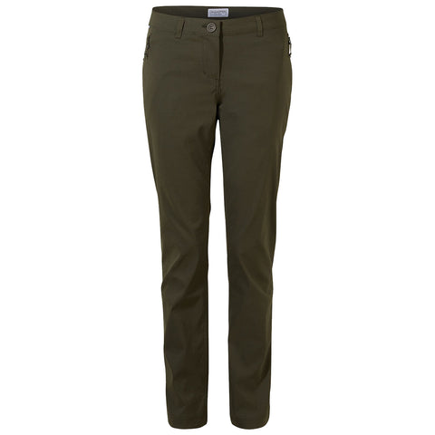 Olive green pants are displayed standing upright with a button closure and zippered pockets on the front showcasing a casual and functional design suitable for outdoor activities.