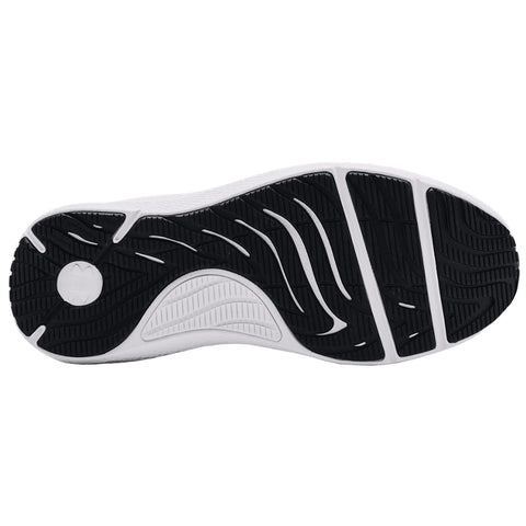 A shoe sole features a textured black and white pattern designed for traction and grip displayed against a plain background emphasizing its design and functionality.