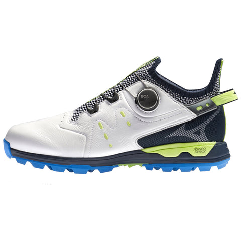 A futuristic athletic shoe features a sleek design with a white leather base and mesh accents in navy and lime. It has a BOA closure system and a rugged outsole.