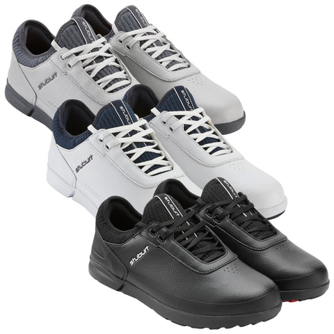 Three pairs of golf shoes are displayed stacked vertically featuring white grey and black designs with prominent laces and cushioned interiors suitable for athletic performance on golf courses.