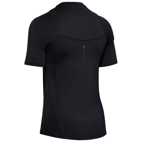 A black athletic shirt with short sleeves features a textured panel on the upper back and a subtle logo on the side, set against a plain background.