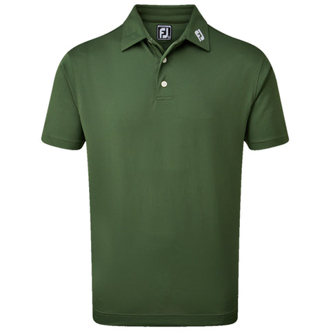 A green polo shirt is displayed prominently with a collar and three buttons The shirt features a logo on the collar and is made of a smooth fabric