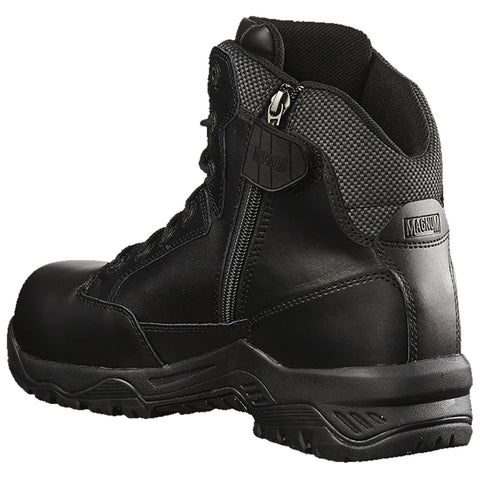 A black tactical boot is positioned upright showcasing a side zipper and textured fabric accents the collar indicating a sturdy design for rugged use