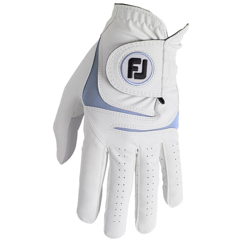 A white golf glove lies flat displaying a snug fit with a flexible wrist cuff and perforations for breathability featuring a gray and blue design element and the logo FJ prominently visible.