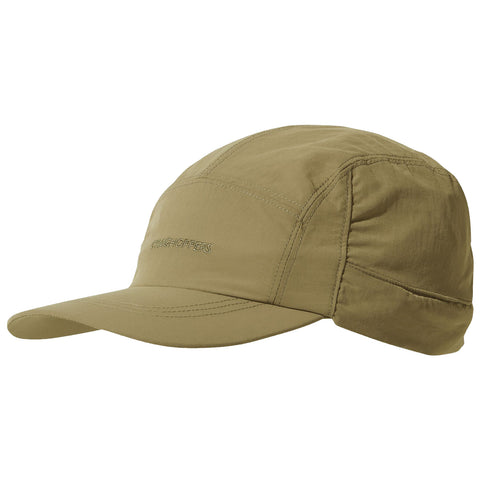 A khaki cap features a rounded top and a slightly extended visor showcasing a stitched logo. It is placed against a plain background, indicating use for outdoor activities or casual wear.