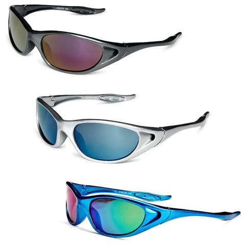 Eyelevel Kids Surfer Sunglasses  Three pairs of sunglasses are displayed. The top pair features dark frames with gradient lenses the middle pair has silver frames with bluish lenses and the bottom pair has vibrant blue frames with multicolored lenses.