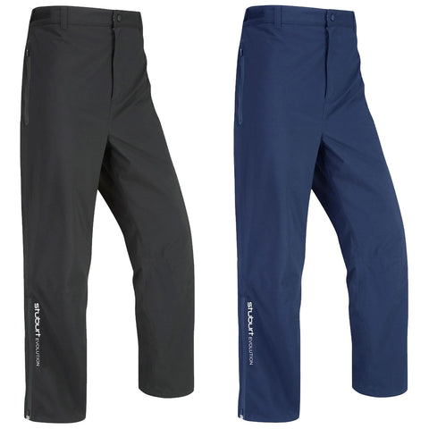 Two pairs of outdoor pants are displayed side by side one in dark gray and one in navy blue both featuring zippered pockets and logos on the lower left side