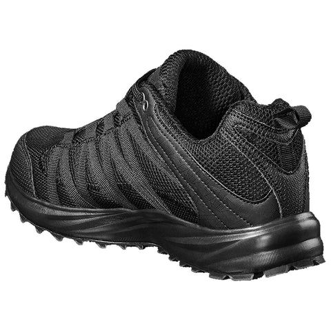 A black athletic shoe features a textured fabric upper designed for support and breathability with a rubber sole for grip suitable for outdoor activities set against a plain white background.