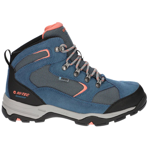 Blue waterproof hiking boot features a high top design with mesh panels and a sturdy rubber sole. It is equipped with metal eyelets for laces and a padded collar for comfort.