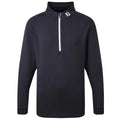 A black long-sleeve pullover features a quarter zip at the neck and a logo on the collar area ideal for casual or sporty wear